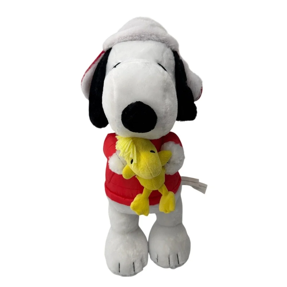 Peanuts Snoopy Plush Holiday Red Puffer Jacket Santa Hat Woodstock 21in Gemmy